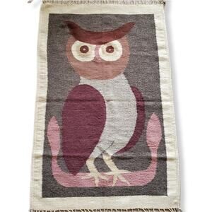 70s Mexican Owl Rug Wall Tapestry Boho Neutral Beige Mauve Hippie Art Decor VTG
